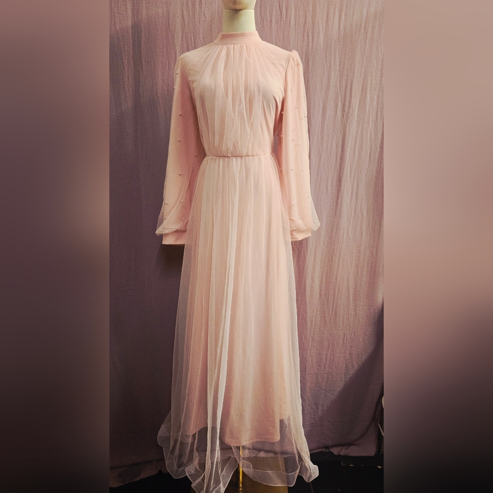 Women's Flormal & Elegant Long Sleeve Pearl Tulle Modest Maxi Dress, Pink - (12)
